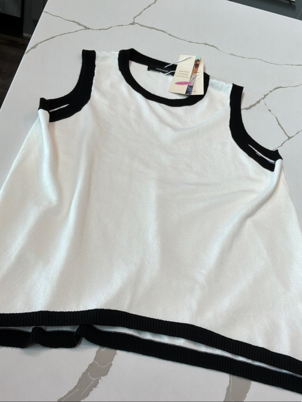 NWT Sokoto Large Sleeves Tank Sweater Cold-Shoulder Knit Top - White Black Trim